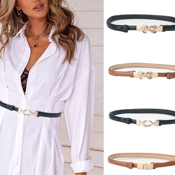 NEW| Women’s Black Vintage Rose Buckle Matte Skinny Belt - Picture 3 of 6